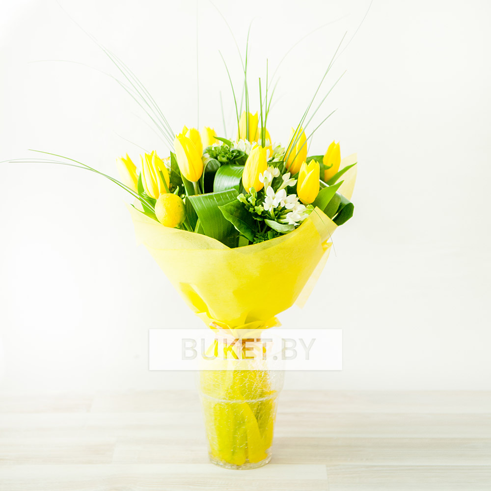 Букет из 11 тюльпанов с бувардией и аспидистрой